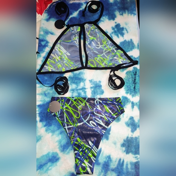 NWT Lyte Couture Blue,Green And White SnakeSkin Textured Sleeved Rave Set ~ Sz M - Picture 4 of 6